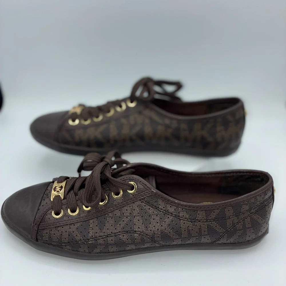 Michael Kors Lace Up Sneakers Brown MK Signature Logo Size 7 AS-IS Flaw